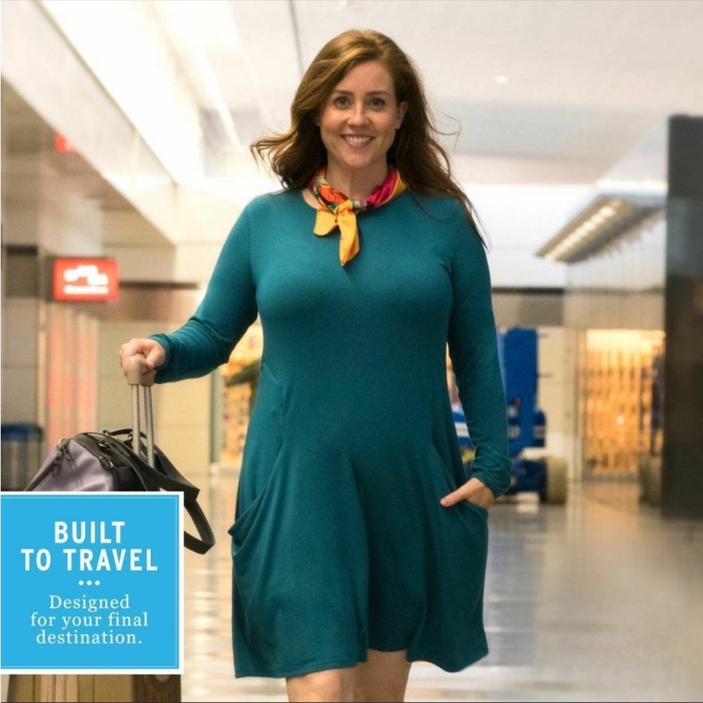 Betabrand The Sweatshirt Silk Blend Travel A Line Swing Dress Teal Size XL